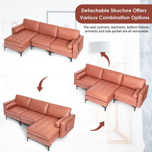 L-shaped Sectional Sofa with Reversible Chaise and 2 USB Ports-Pink