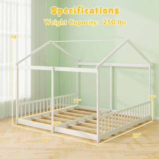 Double Floor Bed for Twins House Beds with Safety Guardrails for 2 Kids-White