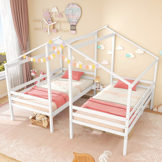 Double Twin Size Wooden Bed Frames with Built-in Table for Kids-White