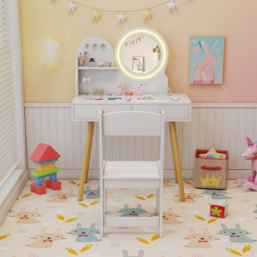 Kids Princess Makeup Dressing Desk and Chair Set with Mirror and Lights-White