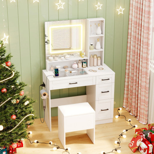 Dressing Desk with 3 Color Lighting and Hair Dryer Stand-White