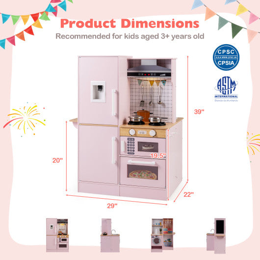 Dual-Sided Kids Play Kitchen with Water Dispenser and Range Hood for 3+ Years Old-Pink