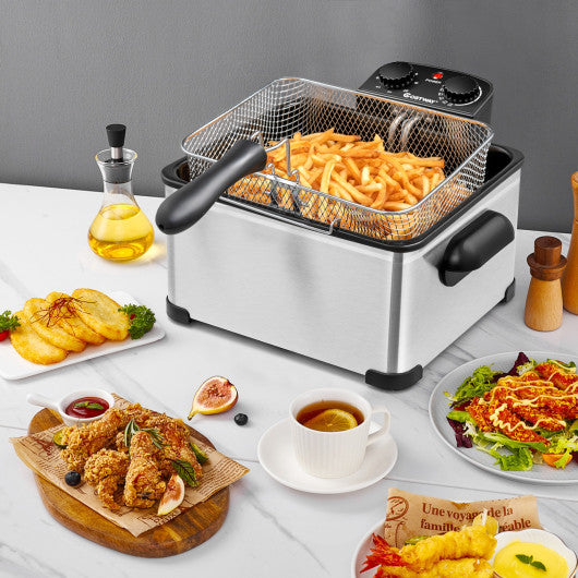 Electric Deep Fryer 5.3QT/21-Cup Stainless Steel 1700W with Triple Basket-Silver
