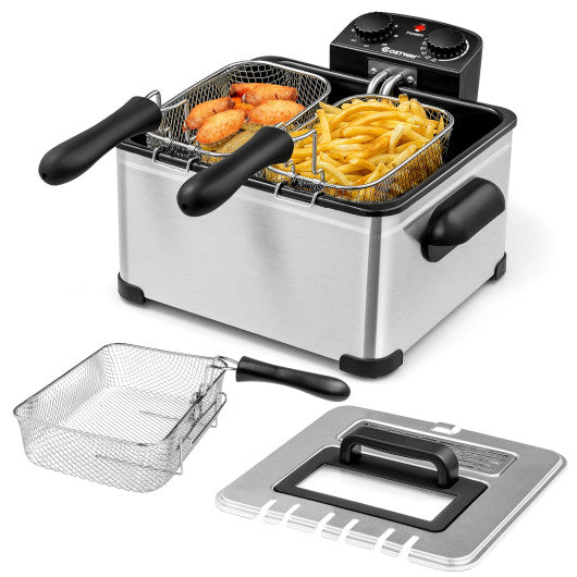 Electric Deep Fryer 5.3QT/21-Cup Stainless Steel 1700W with Triple Basket-Silver