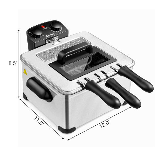 Electric Deep Fryer 5.3QT/21-Cup Stainless Steel 1700W with Triple Basket-Silver