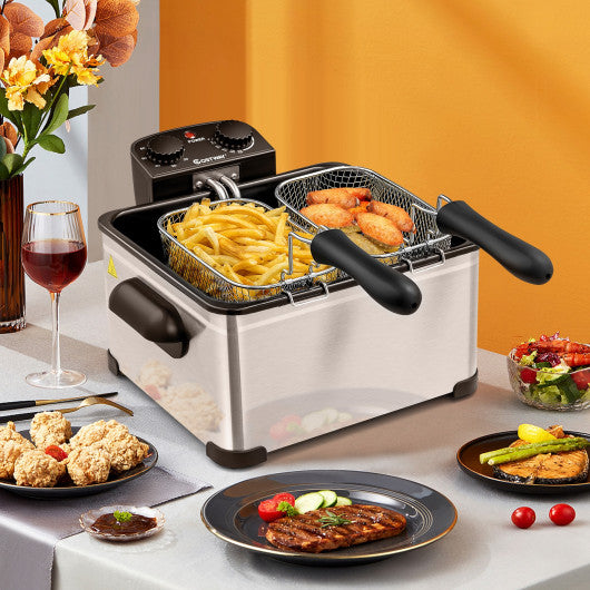 Electric Deep Fryer 5.3QT/21-Cup Stainless Steel 1700W with Triple Basket-Silver