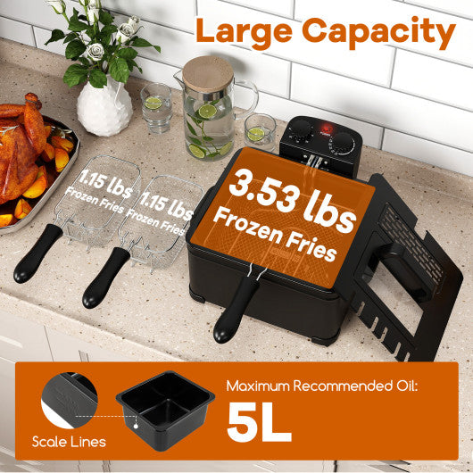 Electric Deep Fryer 5.3QT/21-Cup Stainless Steel 1700W with Triple Basket-Black