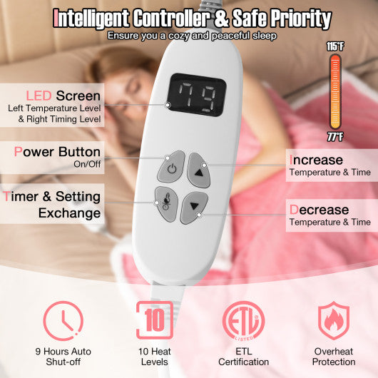 Electric Heated Blanket Throw with 10 Heat Settings-Pink