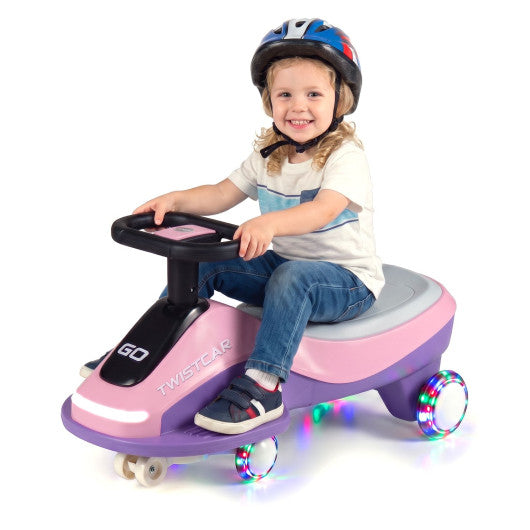 Electric Wiggle Car for Kids Age 3+ Years Old with Flashing Wheels and Front Light-Pink + Purple