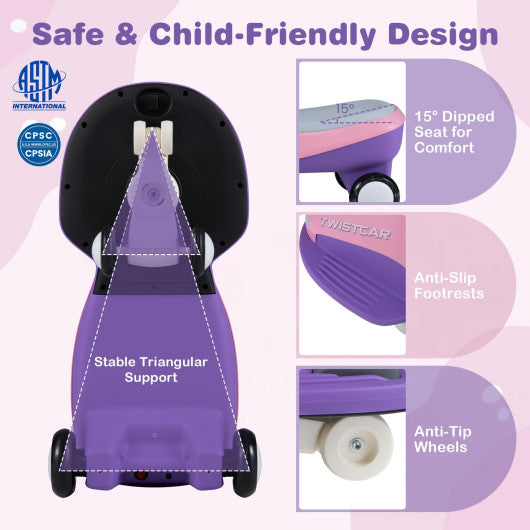 Electric Wiggle Car for Kids Age 3+ Years Old with Flashing Wheels and Front Light-Pink + Purple