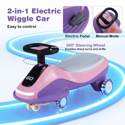 Electric Wiggle Car for Kids Age 3+ Years Old with Flashing Wheels and Front Light-Pink + Purple
