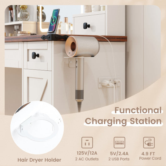 Farmhouse Vanity Desk with Lighted Mirror and 3 Doors-White