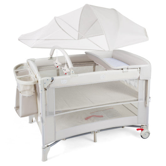 Foldable Baby Bassinet with 4 Adjustable Heights Changing Table and Mattress-Beige