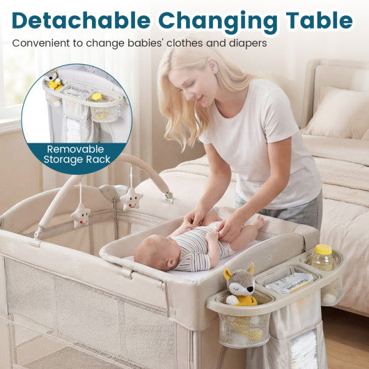 Foldable Baby Bassinet with 4 Adjustable Heights Changing Table and Mattress-Beige