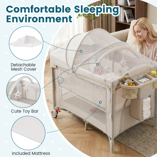 Foldable Baby Bassinet with 4 Adjustable Heights Changing Table and Mattress-Beige