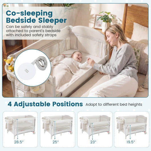 Foldable Baby Bassinet with 4 Adjustable Heights Changing Table and Mattress-Beige