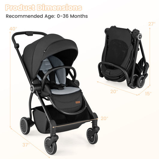 Foldable Infant Pram Stroller with Reversible Seat Reclining Backrest-Black