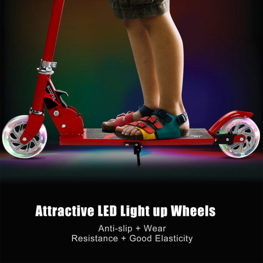 Folding Aluminum Kids Kick Scooter with LED Lights-Red