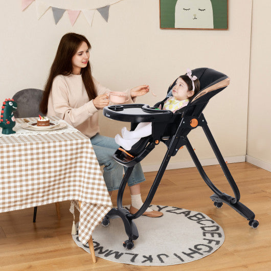 Folding Baby Dining High Chair with Adjustable Height and Recline-Black