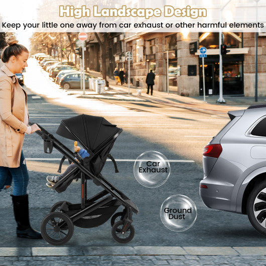 3-in-1 Folding Convertible Newborn Stroller with Detachable Bassinet-Black