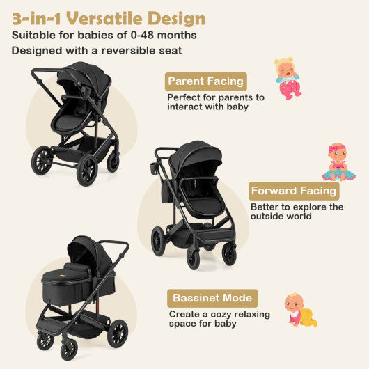 3-in-1 Folding Convertible Newborn Stroller with Detachable Bassinet-Black