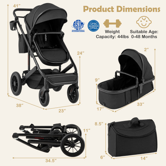 3-in-1 Folding Convertible Newborn Stroller with Detachable Bassinet-Black