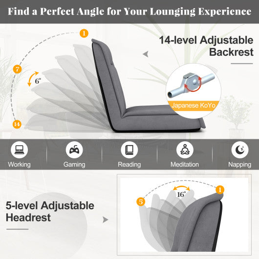 Folding Floor Chair Convertible Lazy Chair with 14-Poistion Adjustable Backrest-Gray