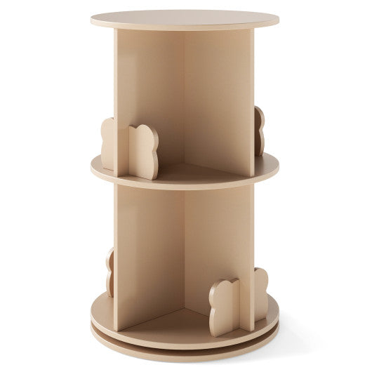 2 Tier Freestanding Kids Rotating Bookshelf Storage Rack with Bear Baffles-Natural