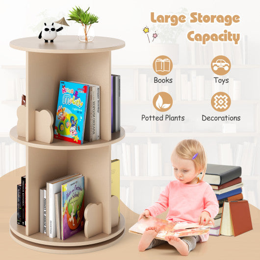 2 Tier Freestanding Kids Rotating Bookshelf Storage Rack with Bear Baffles-Natural