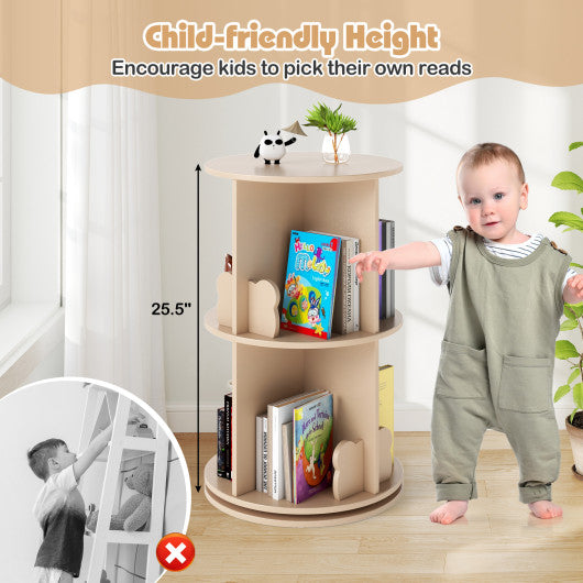 2 Tier Freestanding Kids Rotating Bookshelf Storage Rack with Bear Baffles-Natural