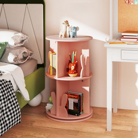 2 Tier Freestanding Kids Rotating Bookshelf Storage Rack with Bunny Baffles-Pink
