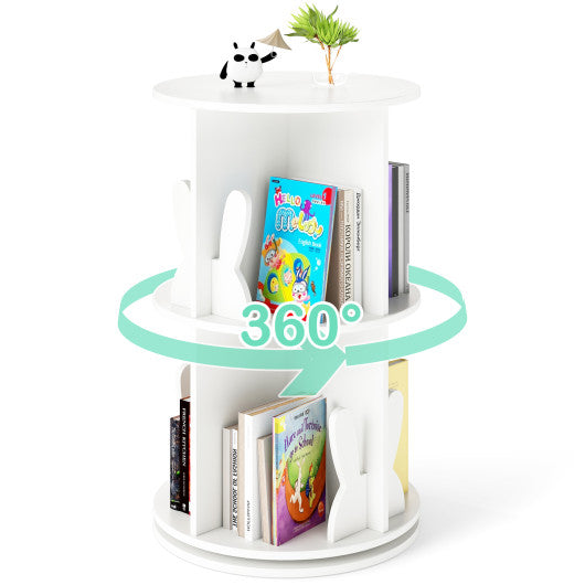 2 Tier Freestanding Kids Rotating Bookshelf Storage Rack with Bunny Baffles-White