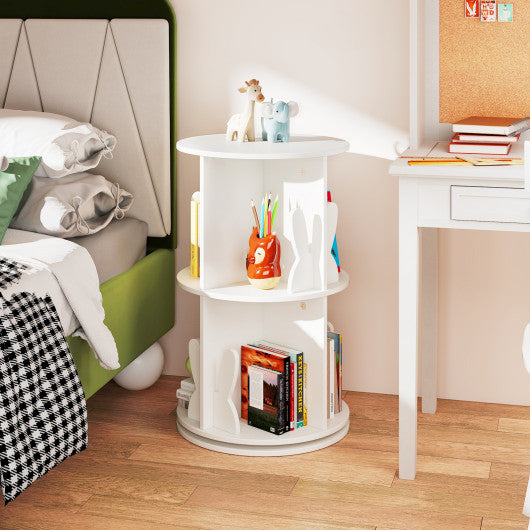 2 Tier Freestanding Kids Rotating Bookshelf Storage Rack with Bunny Baffles-White