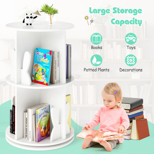 2 Tier Freestanding Kids Rotating Bookshelf Storage Rack with Bunny Baffles-White