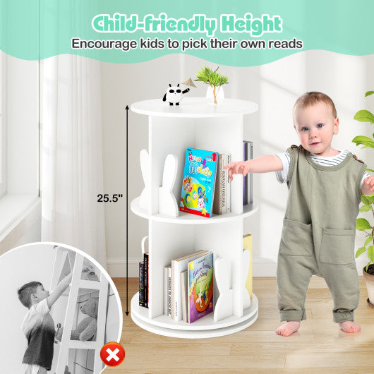 2 Tier Freestanding Kids Rotating Bookshelf Storage Rack with Bunny Baffles-White