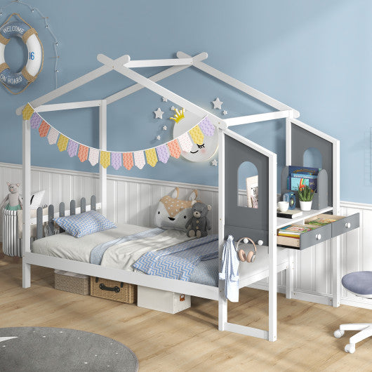 Twin/Full Bed Frame with House Roof Canopy and Fence for Kids-Full Size