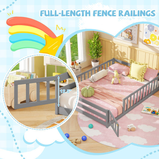 Full Size Floor Bed with Full Length Safety Guardrails-Gray