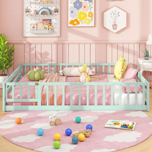 Full Size Floor Bed with Full Length Safety Guardrails-Light Green