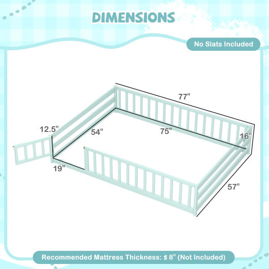Full Size Floor Bed with Full Length Safety Guardrails-Light Green