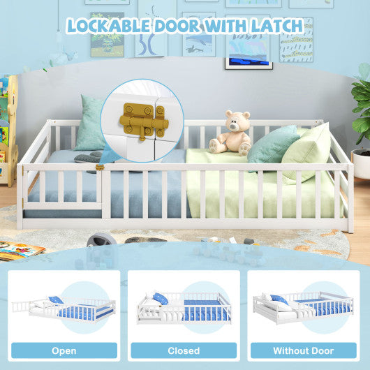 Full Size Floor Bed with Full Length Safety Guardrails-White