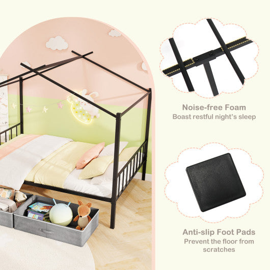 Full Size Metal House Bed with 2 Fabric Drawers for Kids-Black