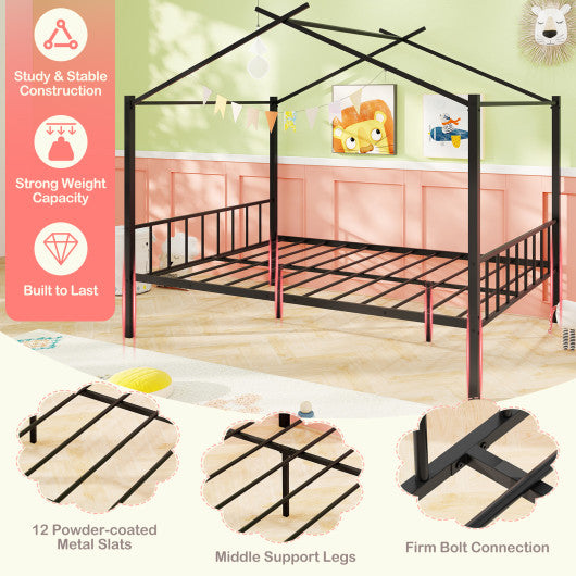 Full Size Metal House Bed with 2 Fabric Drawers for Kids-Black