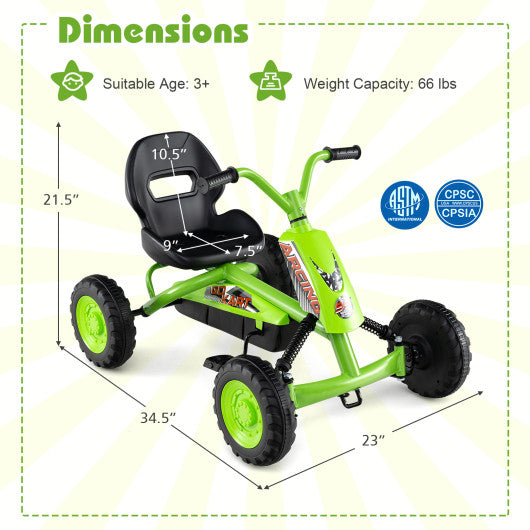 Go Kart for Kids 4 Wheel with Steering Handlebars and Adjustable Seat-Green