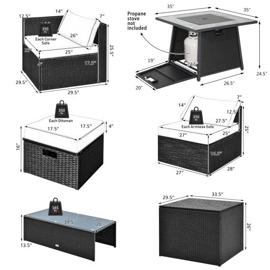9 Pieces Outdoor Wicker Sectional with 35 Inch Gas Fire Pit Table-Gray