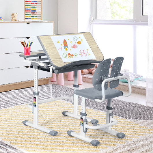 Height Adjustable Kids Study Desk and Chair Set-Gray