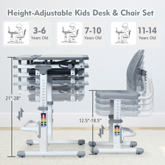 Height Adjustable Kids Study Desk and Chair Set-Gray