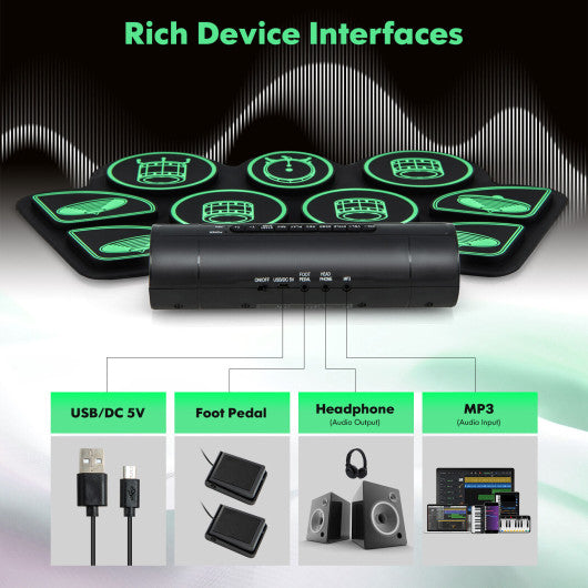 Electronic Drum Set with 2 Build-in Stereo Speakers for Kids-Green