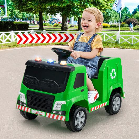 12V Kids Ride-on Garbage Truck with Warning Lights and 6 Recycling Accessories-Green