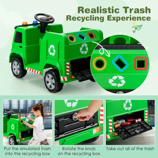 12V Kids Ride-on Garbage Truck with Warning Lights and 6 Recycling Accessories-Green
