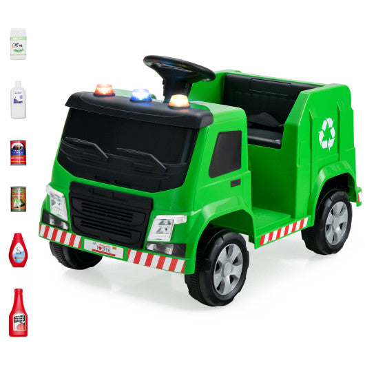 12V Kids Ride-on Garbage Truck with Warning Lights and 6 Recycling Accessories-Green